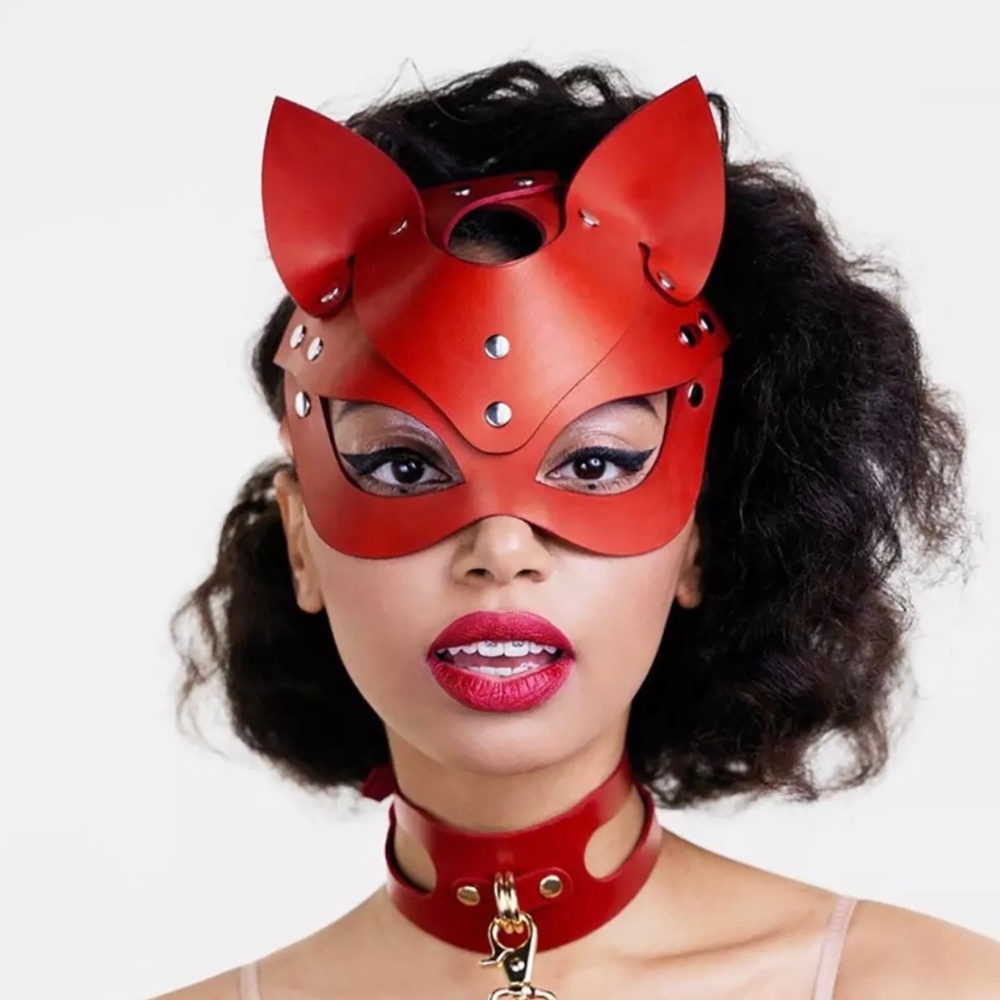 Red Leather Cat Ear Masquerade Mask